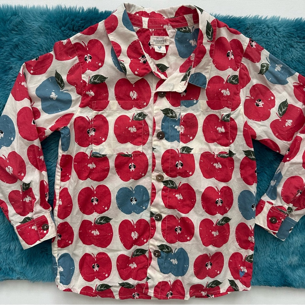 Blue Rooster Collection Red and Blue Apple Print Shirt Size 8 - Picture 2 of 11